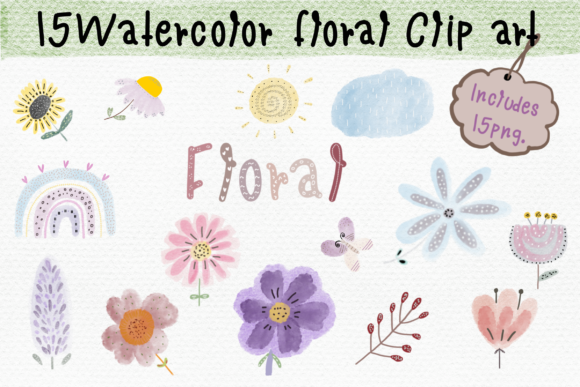 Explore 15 Hand-drawn Watercolor Floral Clip Art