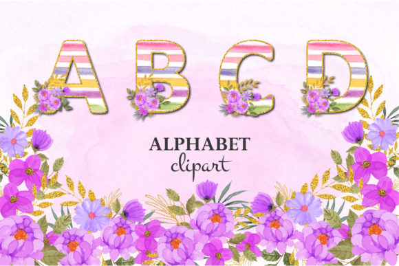 Floral Decorative Alphabet with Golden